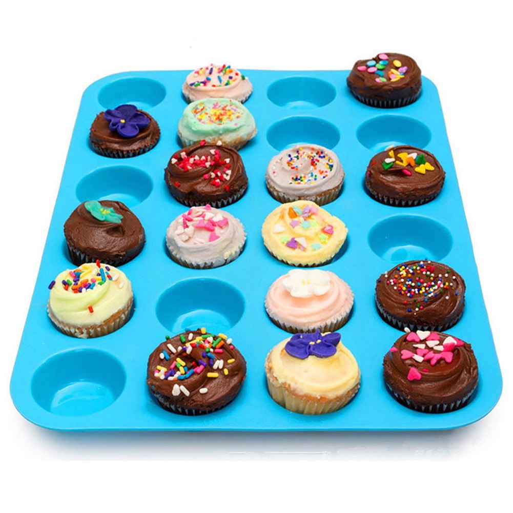 FINGER TEN Muffin Pan de Silicona Cupcake Set 24 moldes de Mini Tazas 2 Azul + 2 Clip de Mano moldes antiadherentes sin BPA para Alimentos 