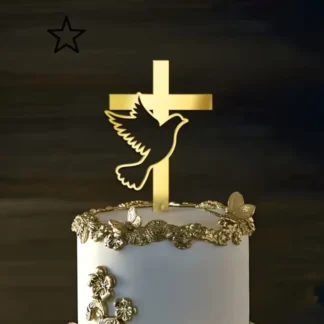 Topper Acrílico delgado Frontal Dorado silueta Paloma alas +Cruz Comunión gruesa