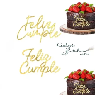 Topper Acrílico Frontal dorado Feliz Cumple Mini